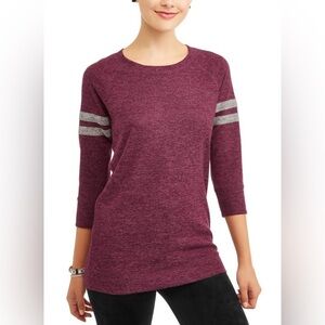 Hacci Tunic Top Juniors' Sz 11-13 L Burgundy Gray Varsity Stripes 3/4 Sleeve